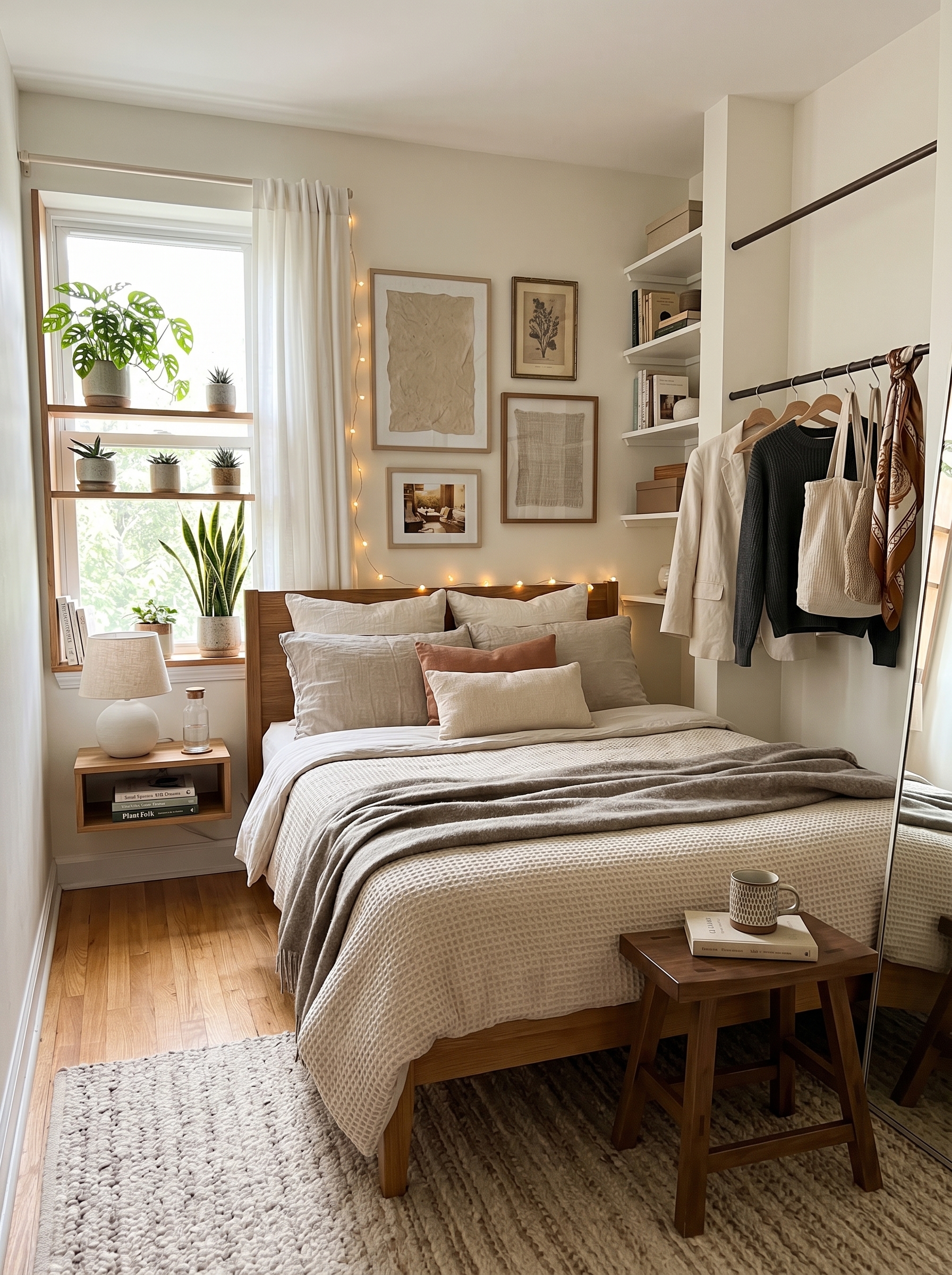 Small apartment bedroom ideas with cozy bedding, smart storage, plants, floating shelves, and compact bedroom decor