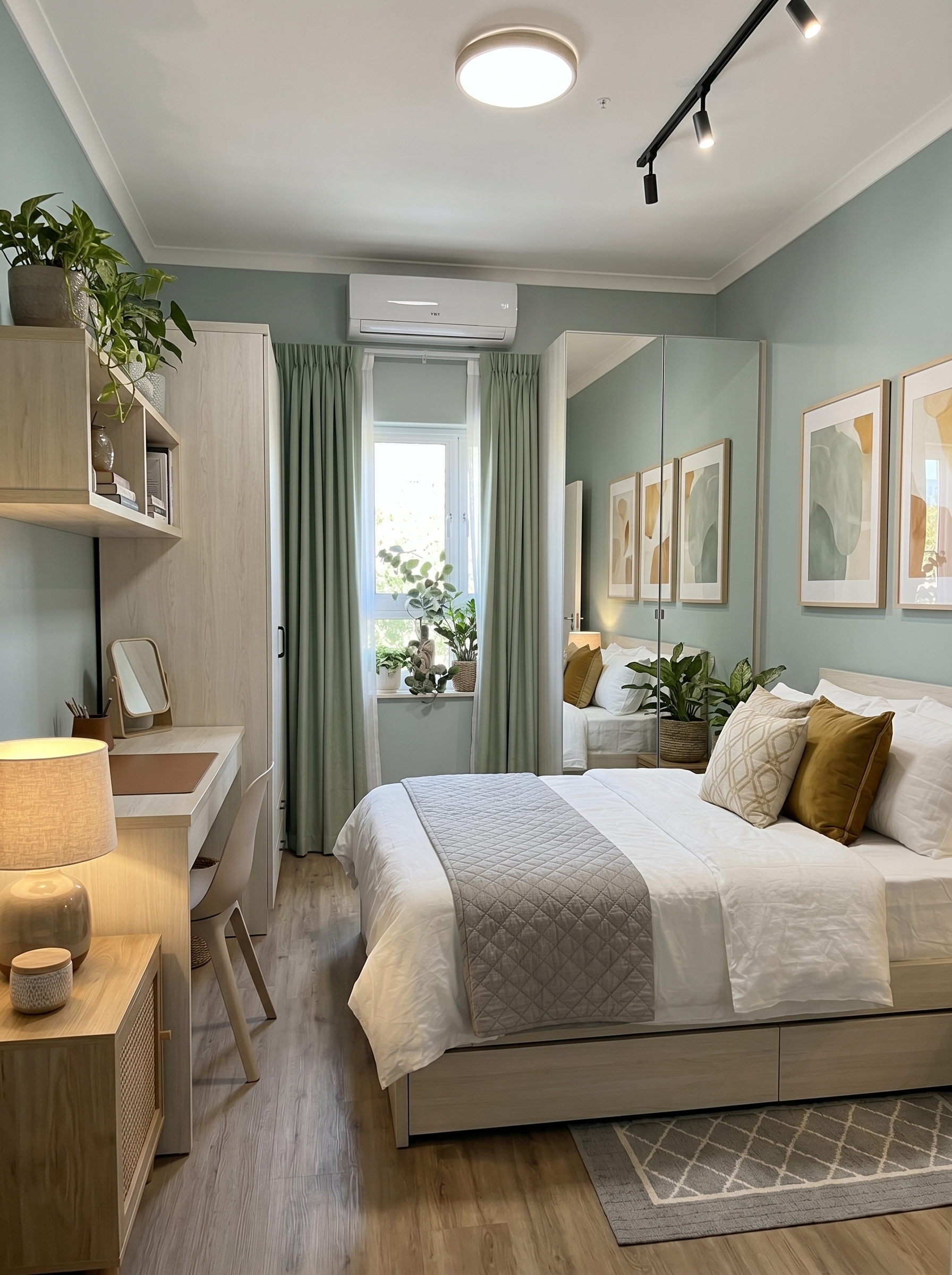Cozy small apartment bedroom with neutral bedding, wooden furniture, indoor plants, open shelves, fairy lights, and hanging wardrobe area