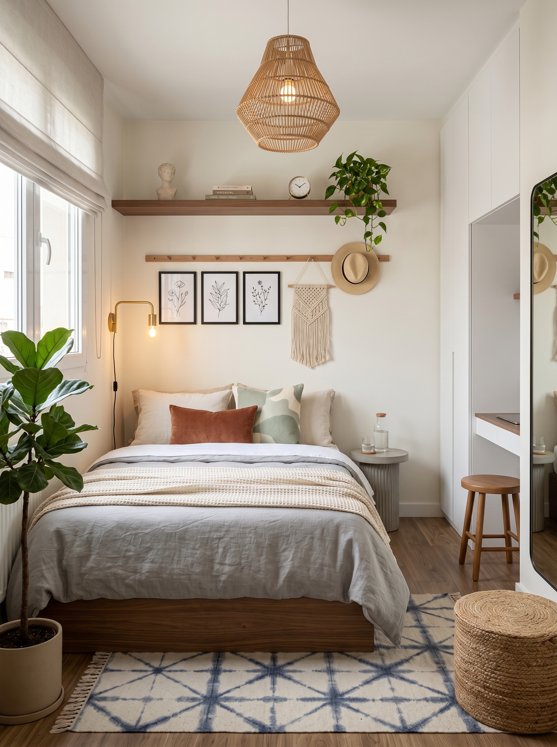 Sage green small apartment bedroom with storage bed, mirrored wardrobe, compact desk, light wood furniture, plants, and layered bedding