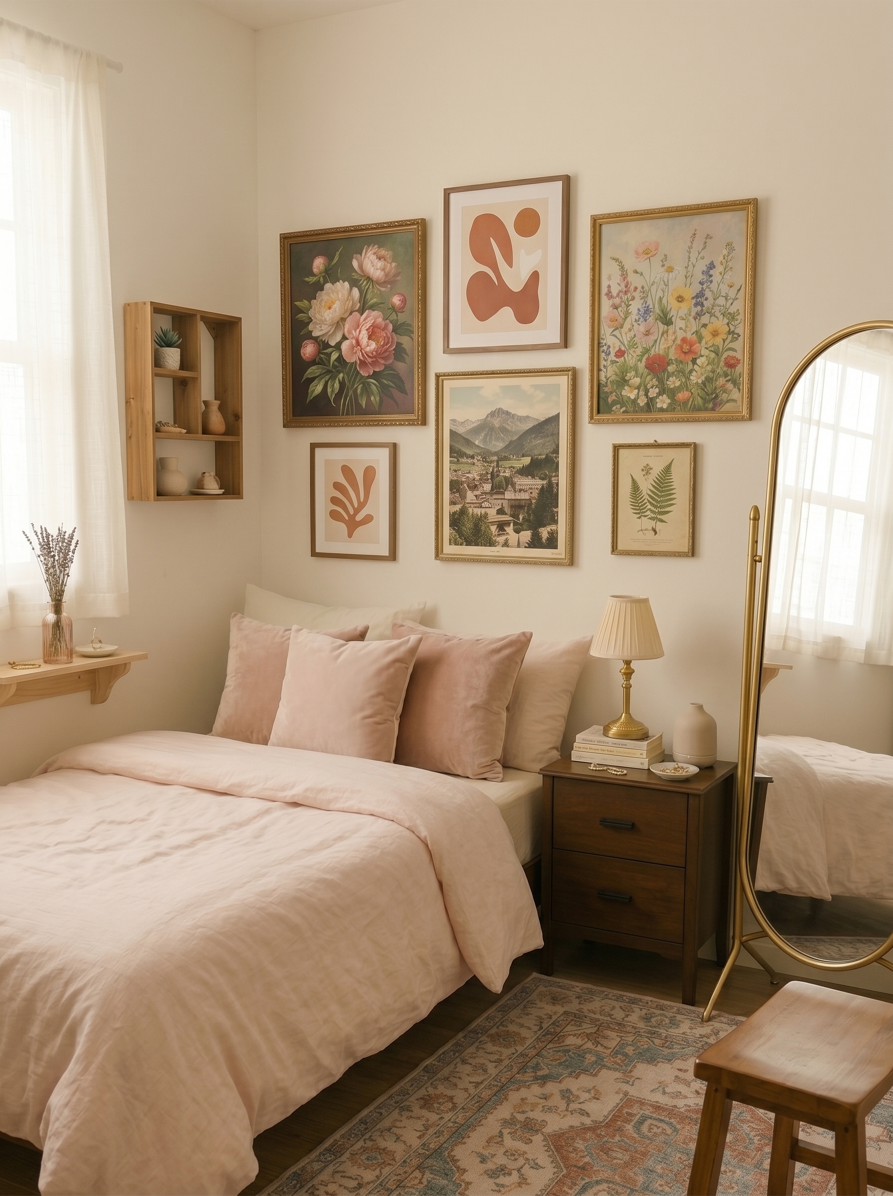 Boho small apartment bedroom with wood bed frame, woven pendant light, botanical wall art, indoor plants, and vertical storage