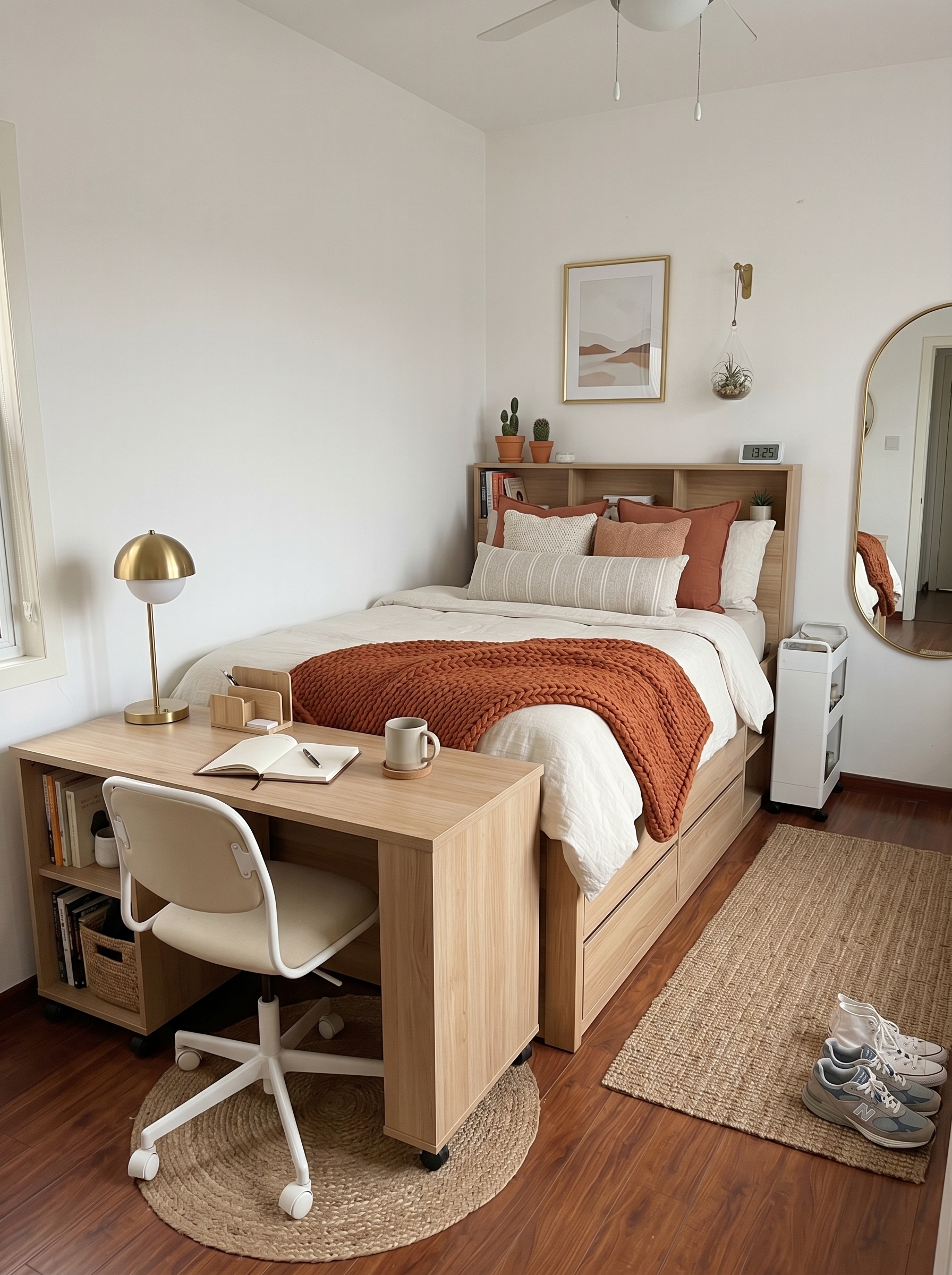 Blush pink small apartment bedroom with gallery wall, vintage art, wooden nightstand, full-length mirror, and soft bedding