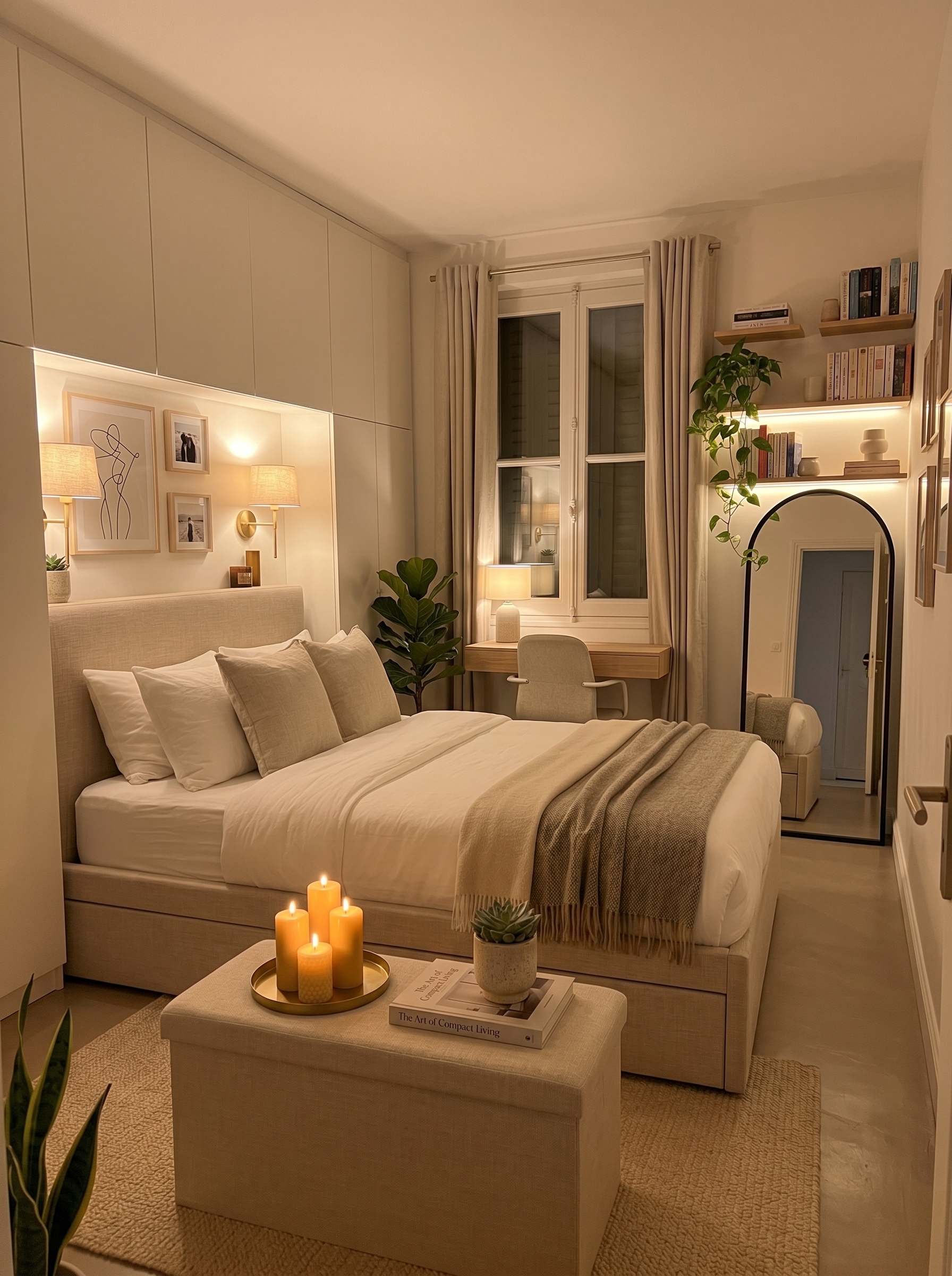 Small apartment bedroom with bed and desk combination, warm wood furniture, neutral bedding, rust accents, and built-in storage