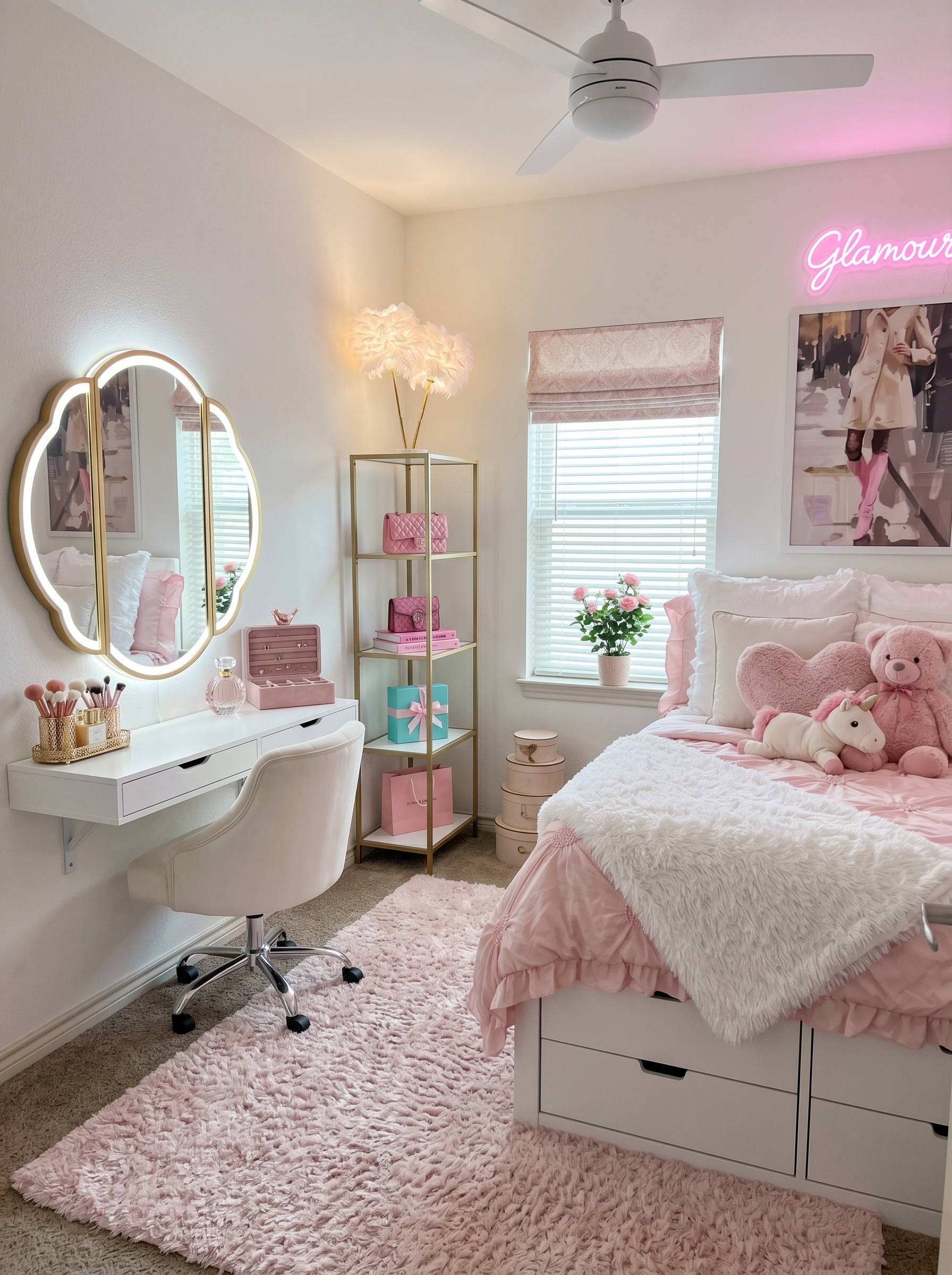 Elegant small apartment bedroom with built-in wall cabinets, upholstered bed, floating shelves, compact desk, mirror, and plants
