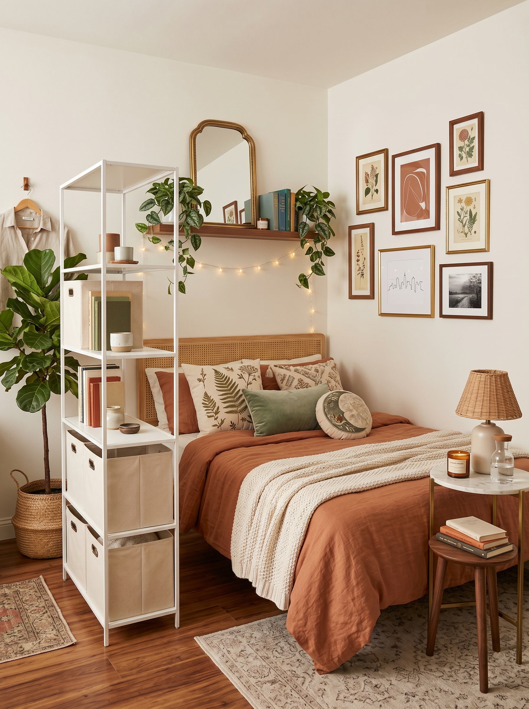 Narrow small apartment bedroom with built-in storage bed, floating nightstand, compact desk, tall mirror, beige curtains, and plants