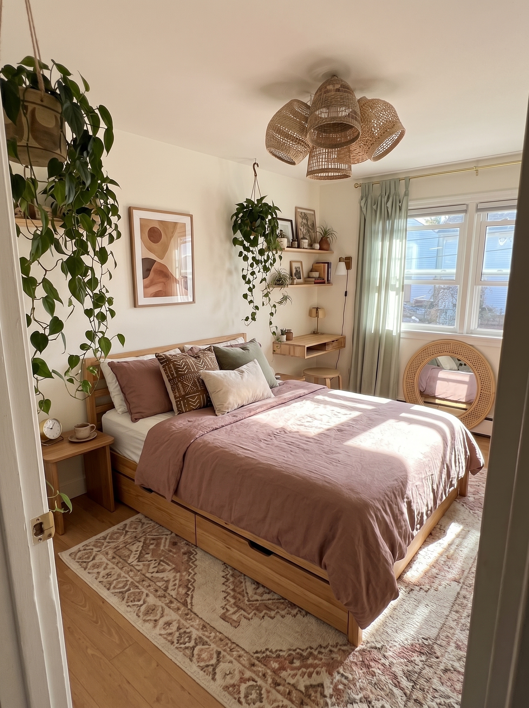 Boho small apartment bedroom with cane headboard, rust bedding, botanical pillows, floating shelves, fairy lights, and indoor plants