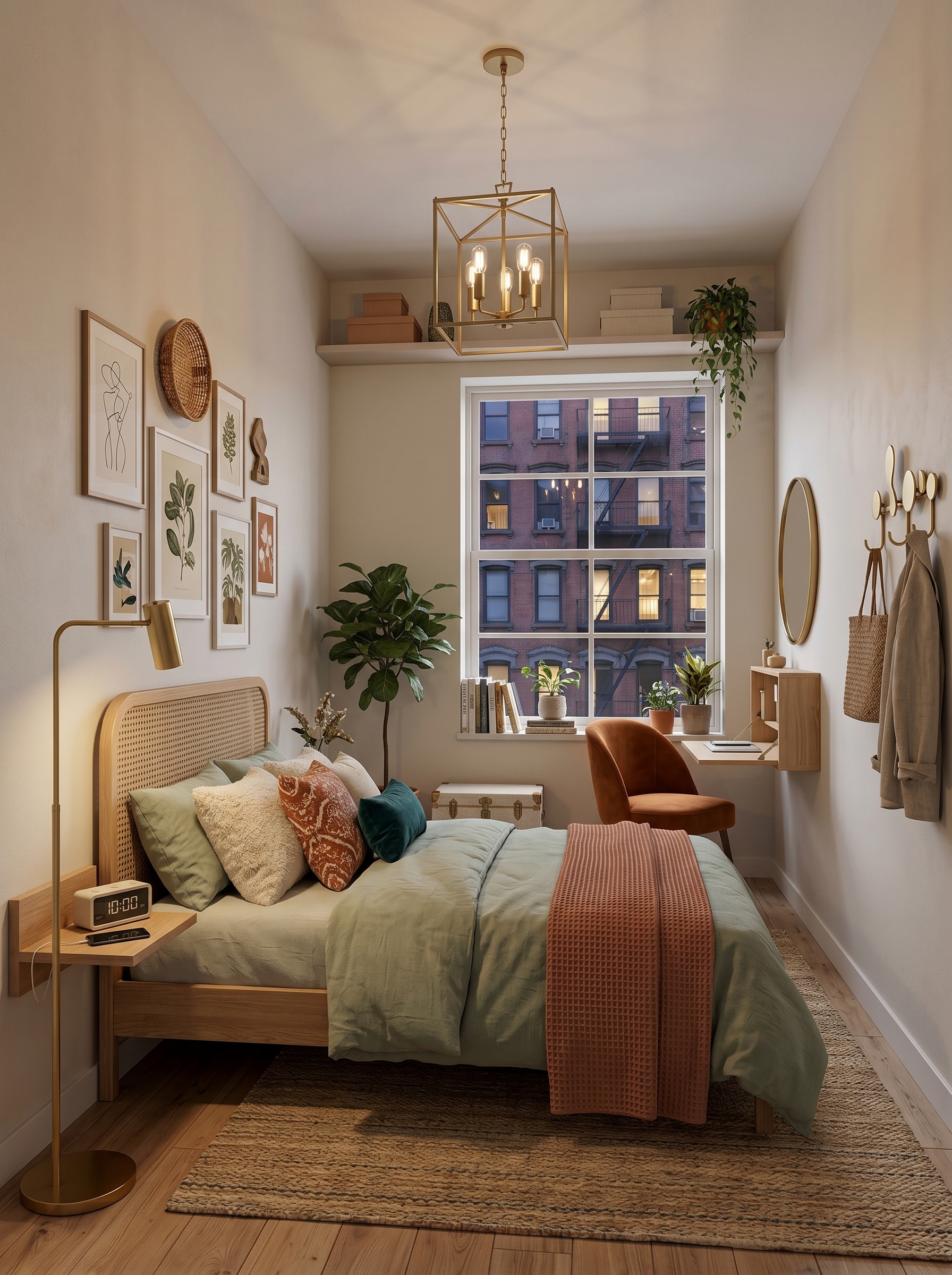 Mauve small apartment bedroom with hanging plants, storage bed, woven ceiling light, round mirror, floating shelves, and patterned rug