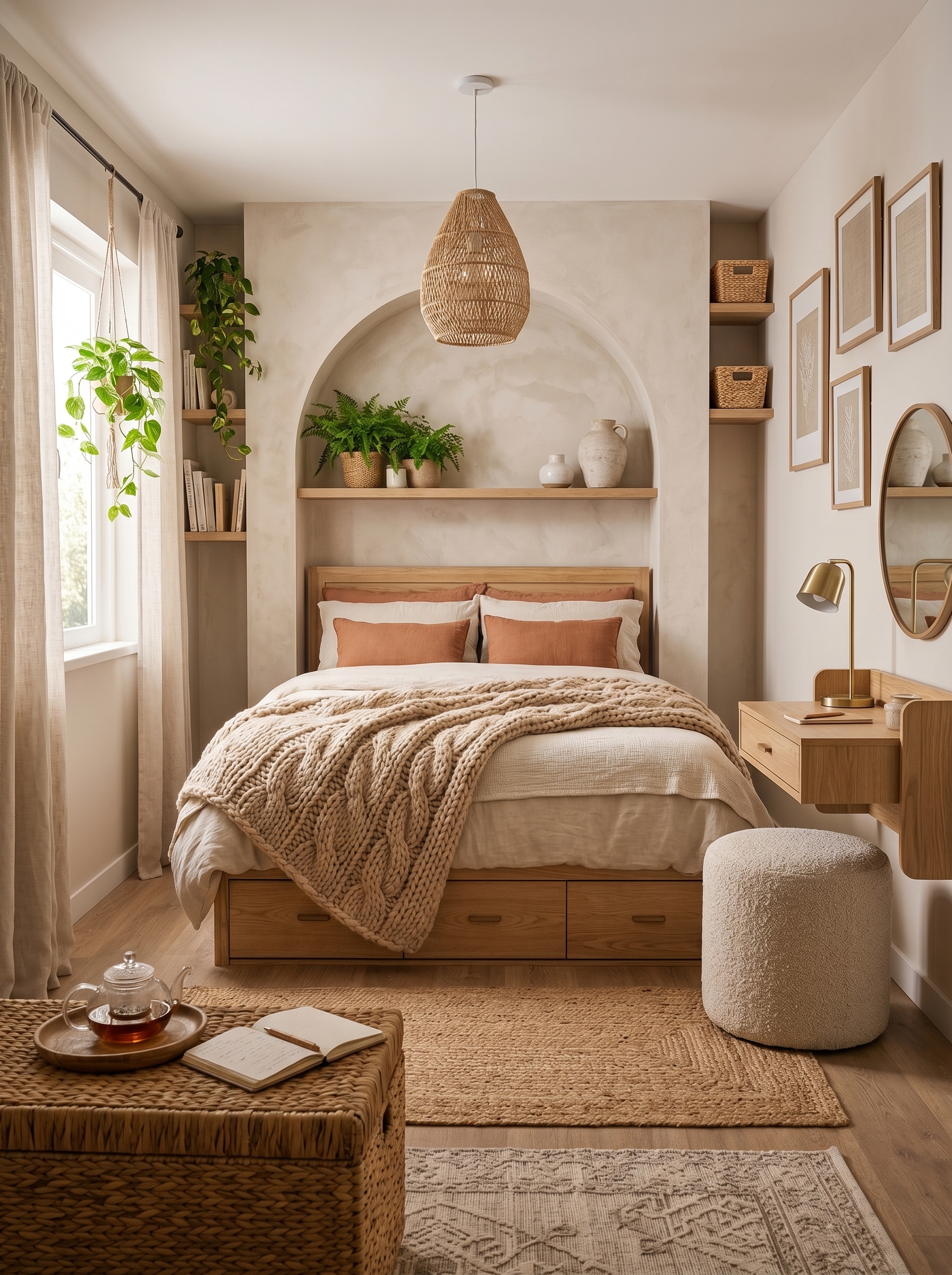 Sage and terracotta small apartment bedroom with work desk, cane headboard, botanical wall art, floating shelves, and tall plant