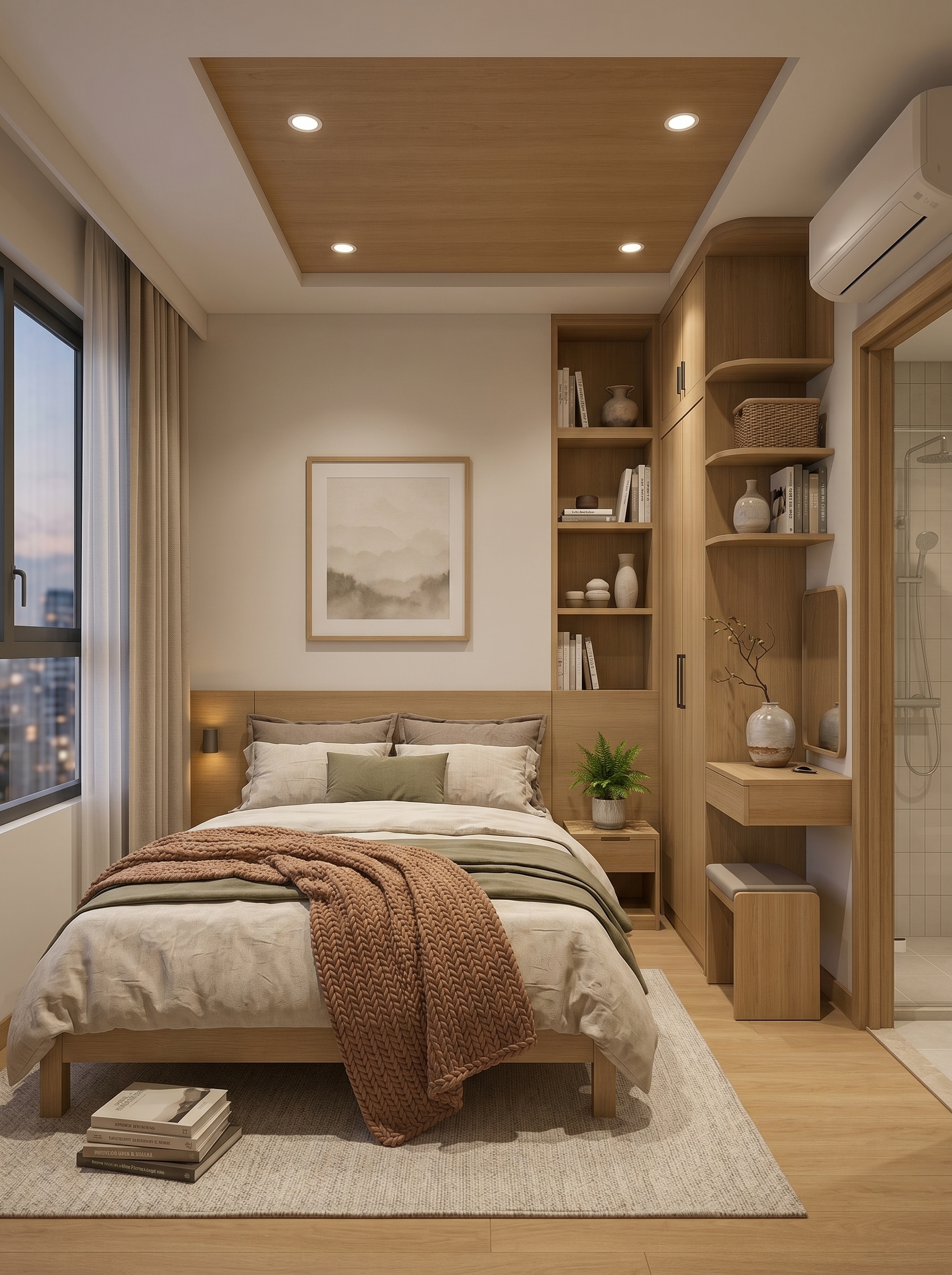 Natural small apartment bedroom with arched wall niche, wooden storage bed, built-in shelves, woven baskets, plants, and floating vanity desk