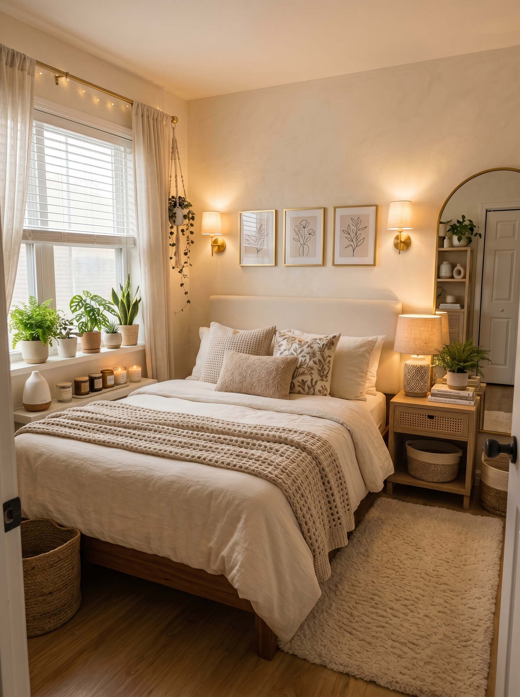 Modern wood small apartment bedroom with built-in shelves, neutral bedding, chunky knit throw, vanity corner, wall mirror, and recessed lighting