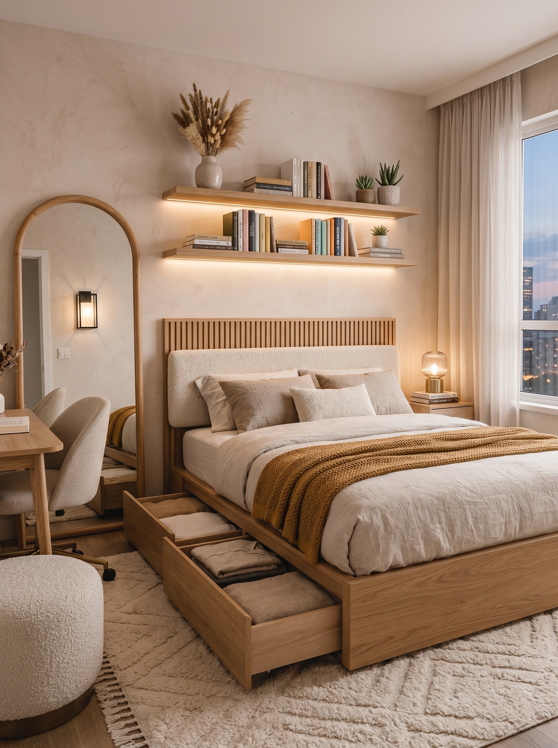 Smart small apartment bedroom with built-in desk, overhead cabinets, gray bedding, rust pillows, under-shelf lighting, and vertical wardrobe