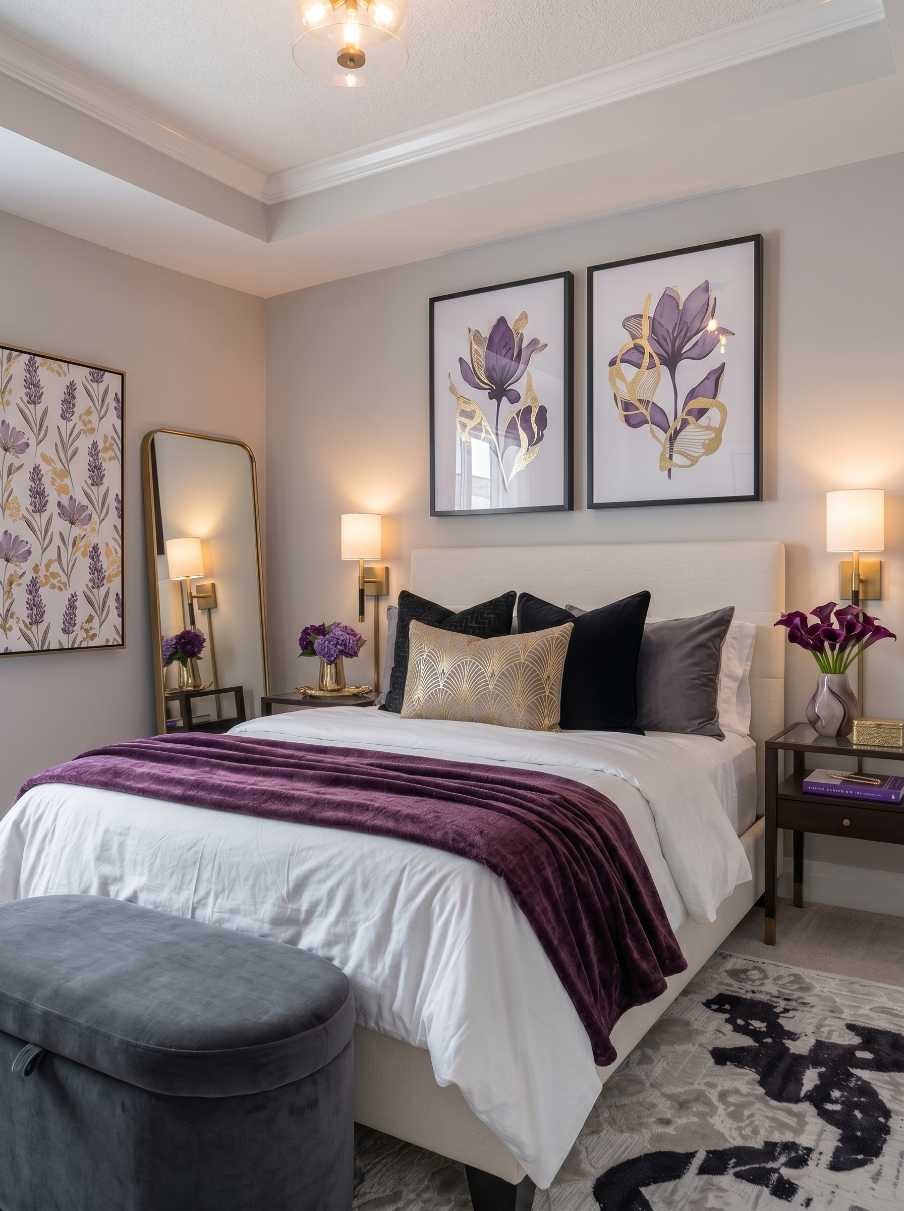 Storage bed small apartment bedroom with pull-out drawers, arched mirror, compact desk, floating bookshelves, beige bedding, and mustard throw