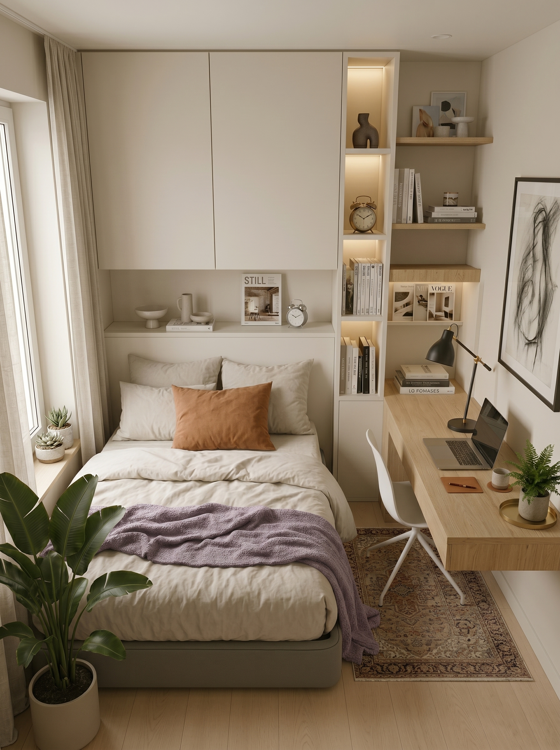Built-in storage small apartment bedroom with peach and sage pillows, compact desk, floating shelves, plants, layered curtains, and soft lighting
