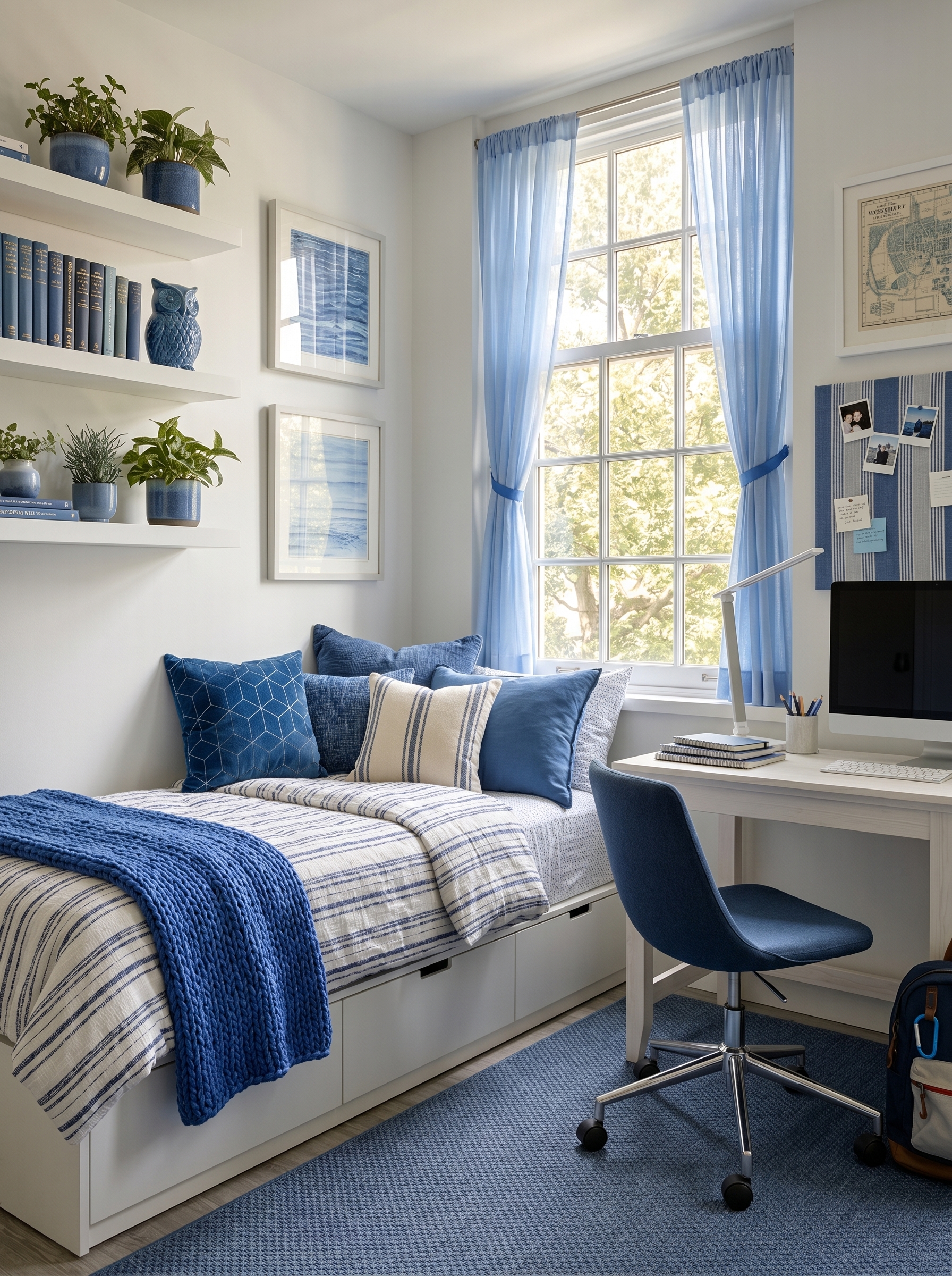 Blue dorm room ideas with soft blue bedding, fairy lights, study desk, wall art, plants, and cozy college room decor