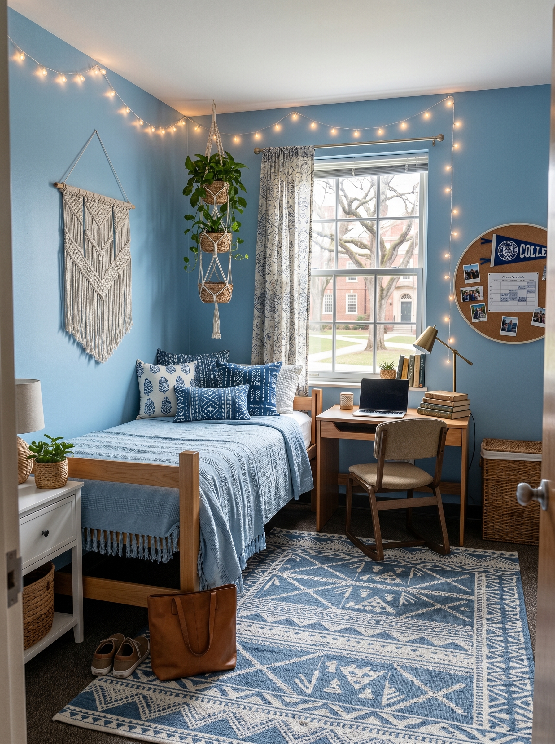 Fresh blue dorm room with striped bedding, blue curtains, study desk, floating shelves, plants, and under-bed storage