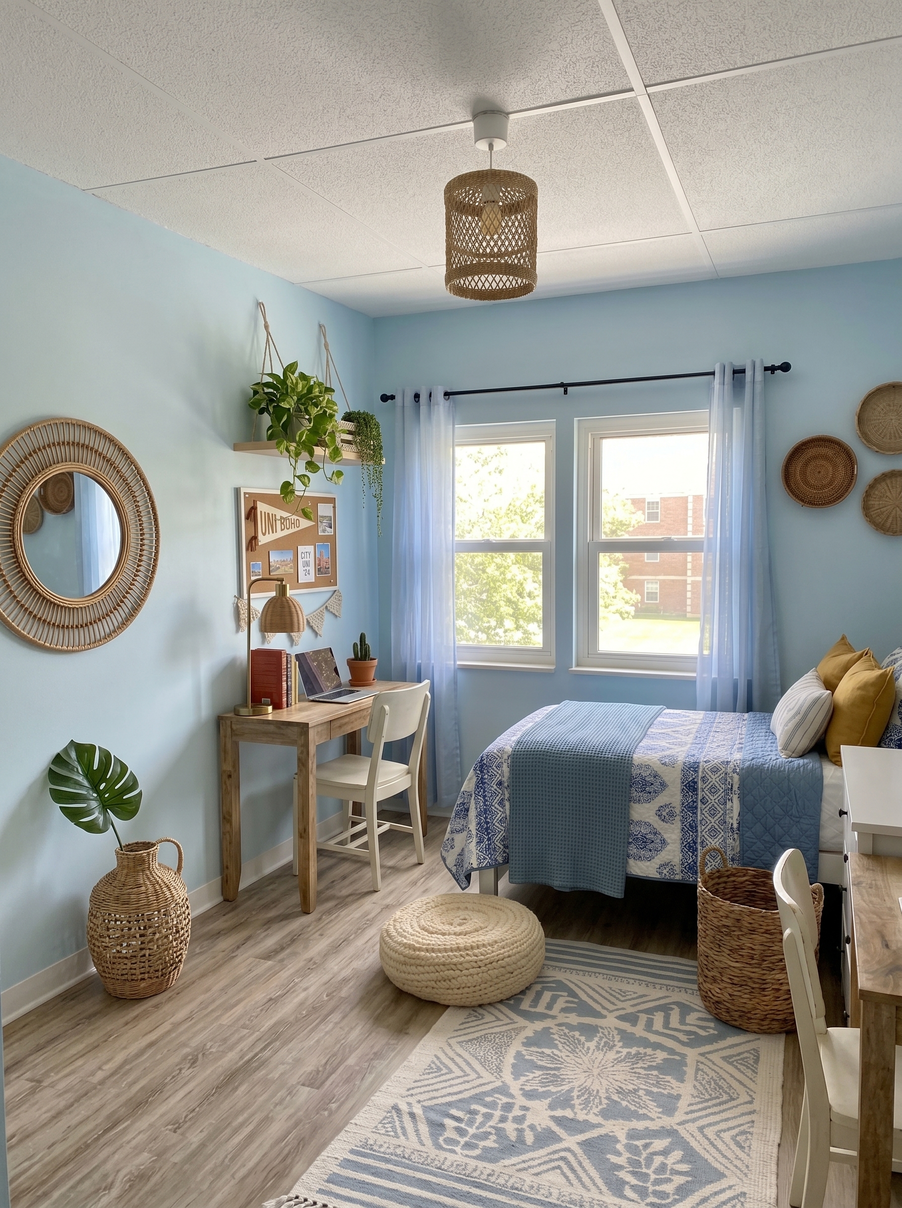 Cozy blue dorm room with string lights, blue bedding, geometric rug, wood desk, macrame wall hanging, and plants