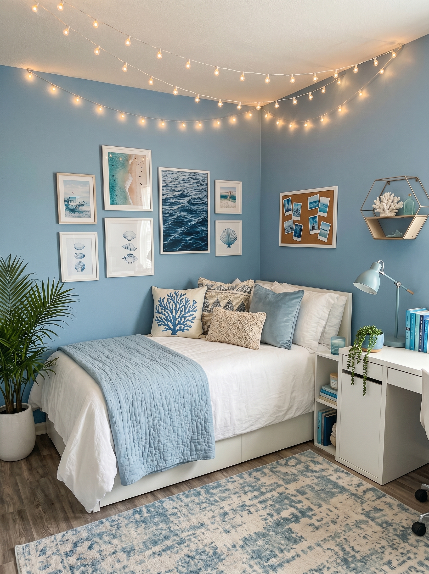 Breezy light blue dorm room with boho accents, rattan wall decor, round mirror, blue bedding, woven baskets, and plants