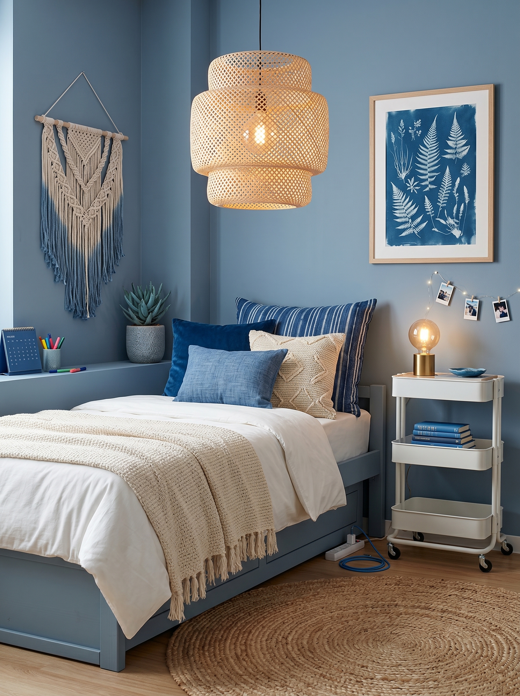 Coastal blue dorm room with ocean wall art, white bedding, string lights, study desk, blue quilt, and beach-themed decor