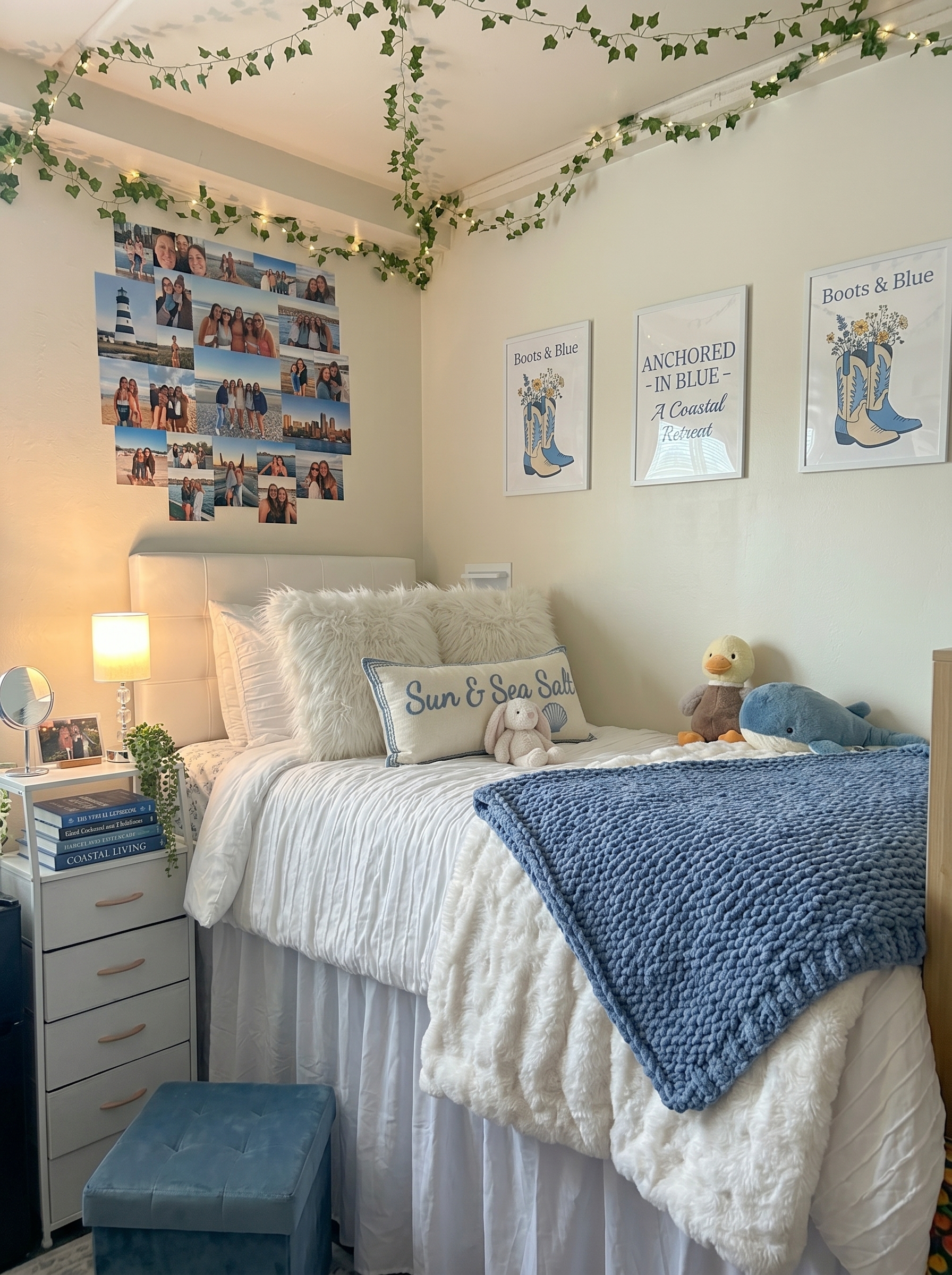 Boho blue dorm room with woven pendant light, white bedding, striped navy pillows, macrame decor, bedside cart, and plants
