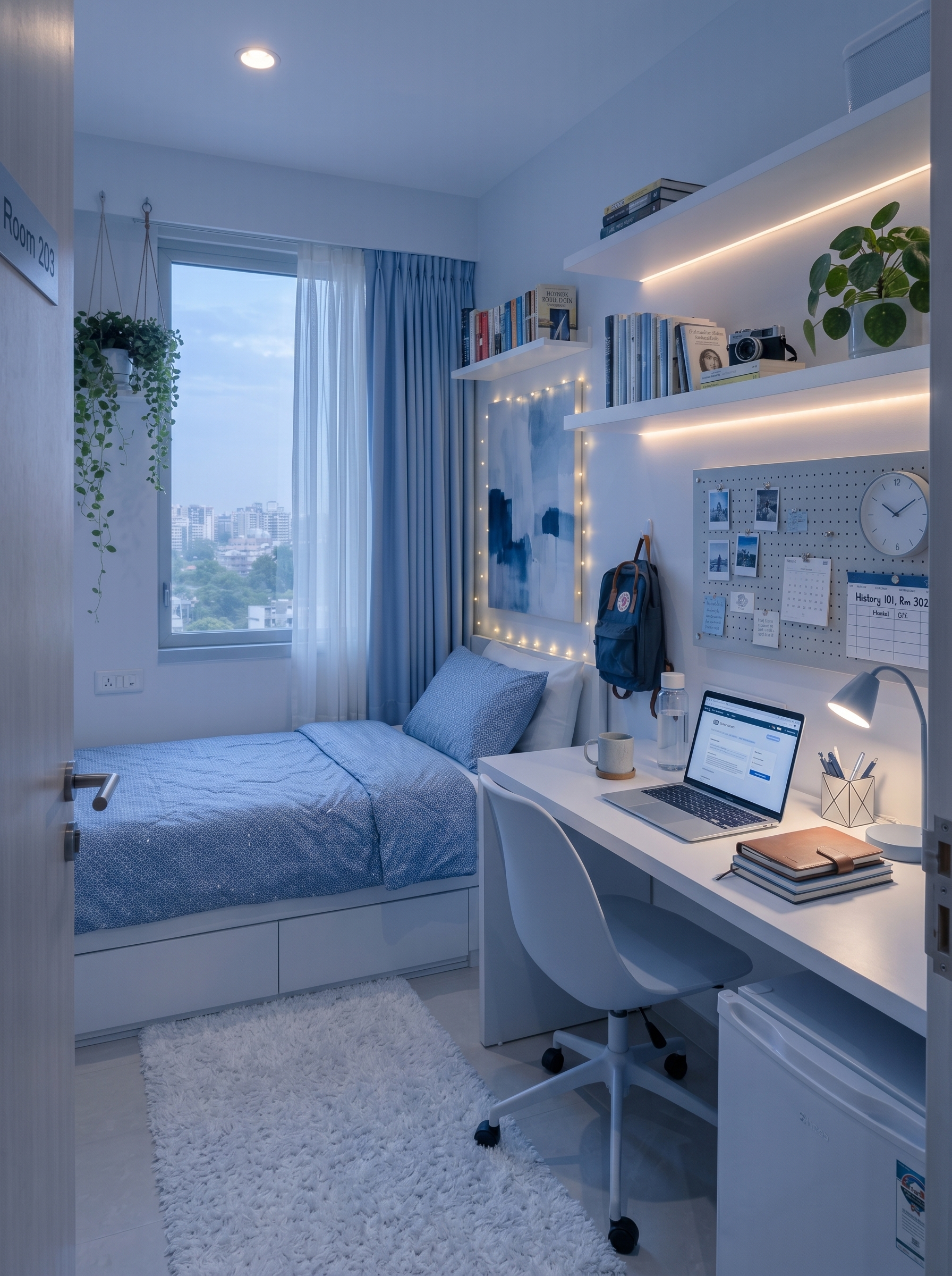 Elegant light blue dorm room with tufted headboard, white bedding, blue pillows, patterned rug, nightstand, and gold accents