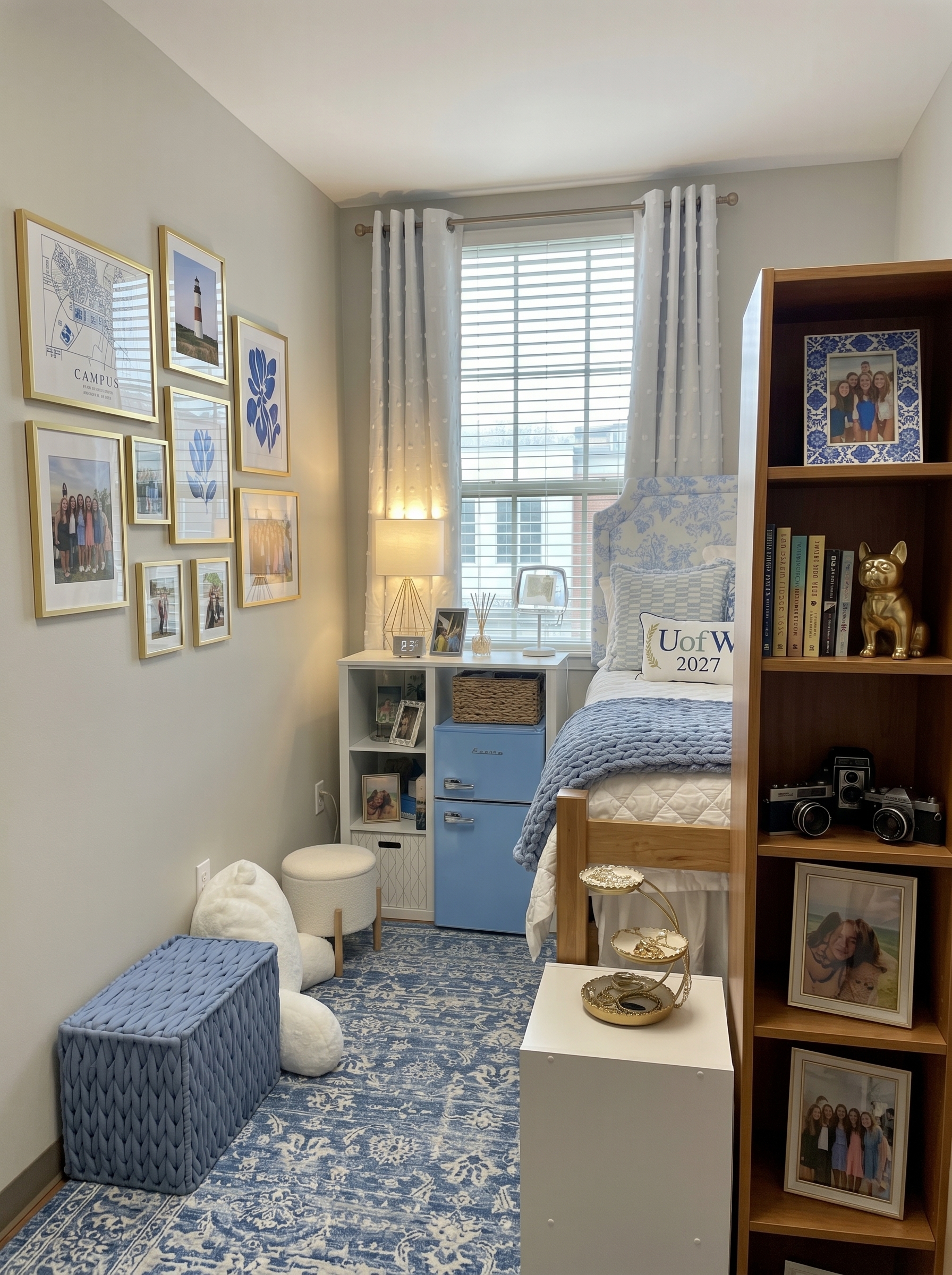Modern blue dorm room with built-in bed, under-bed storage, study desk, pegboard organizer, bookshelves, and LED lighting