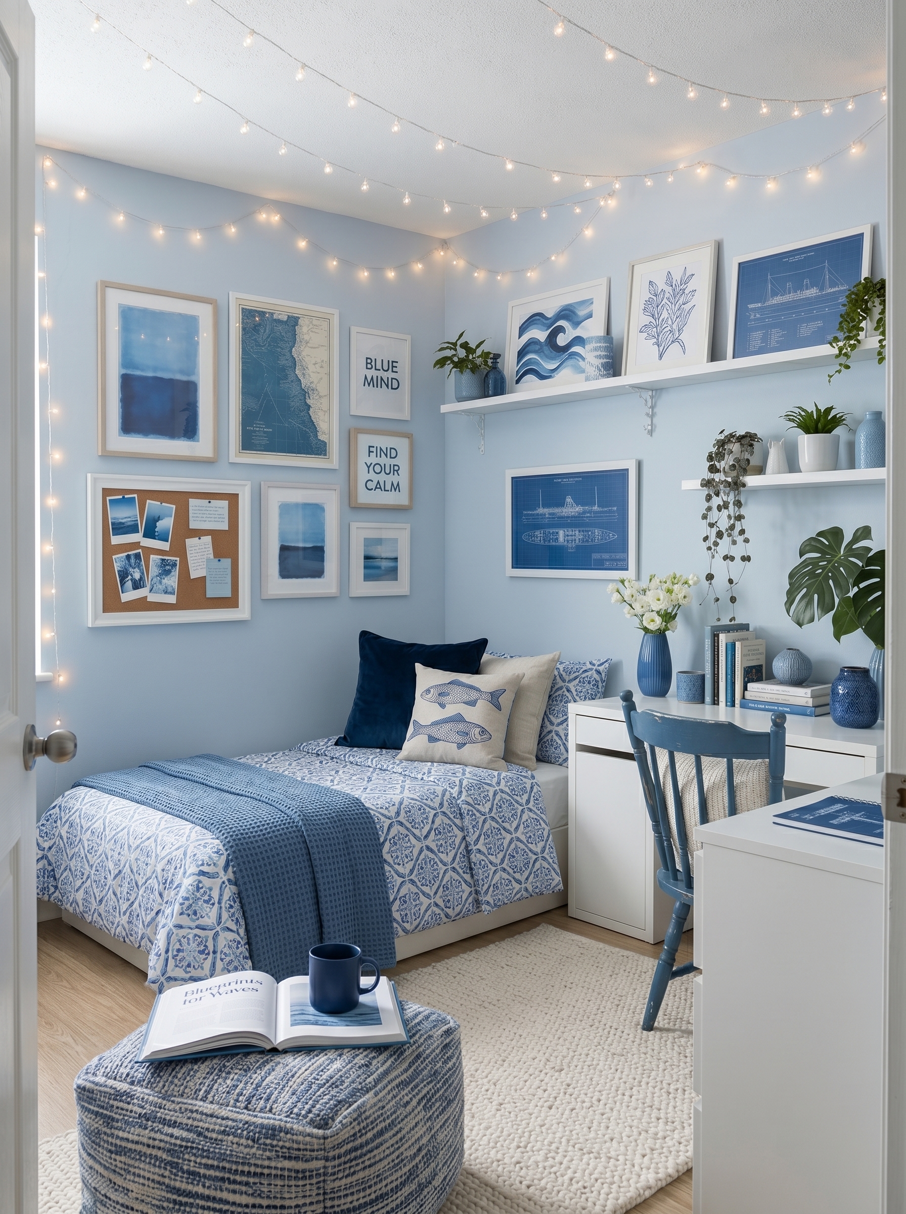 Cozy blue dorm room with mini fridge, pale blue bedding, blue ottoman, gallery wall, bookshelf, and woven baskets