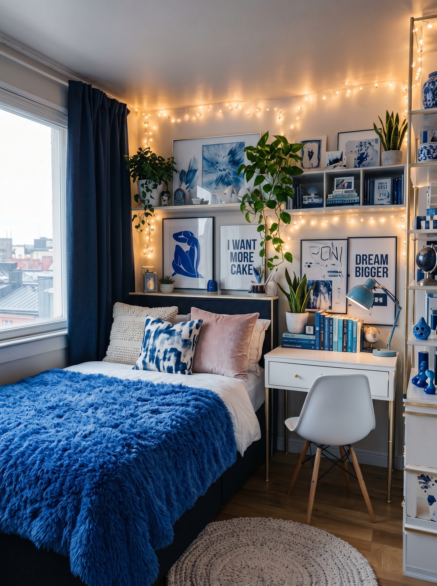 Creative blue dorm room with gallery wall, patterned bedding, string lights, study corner, blue chair, shelves, and plants