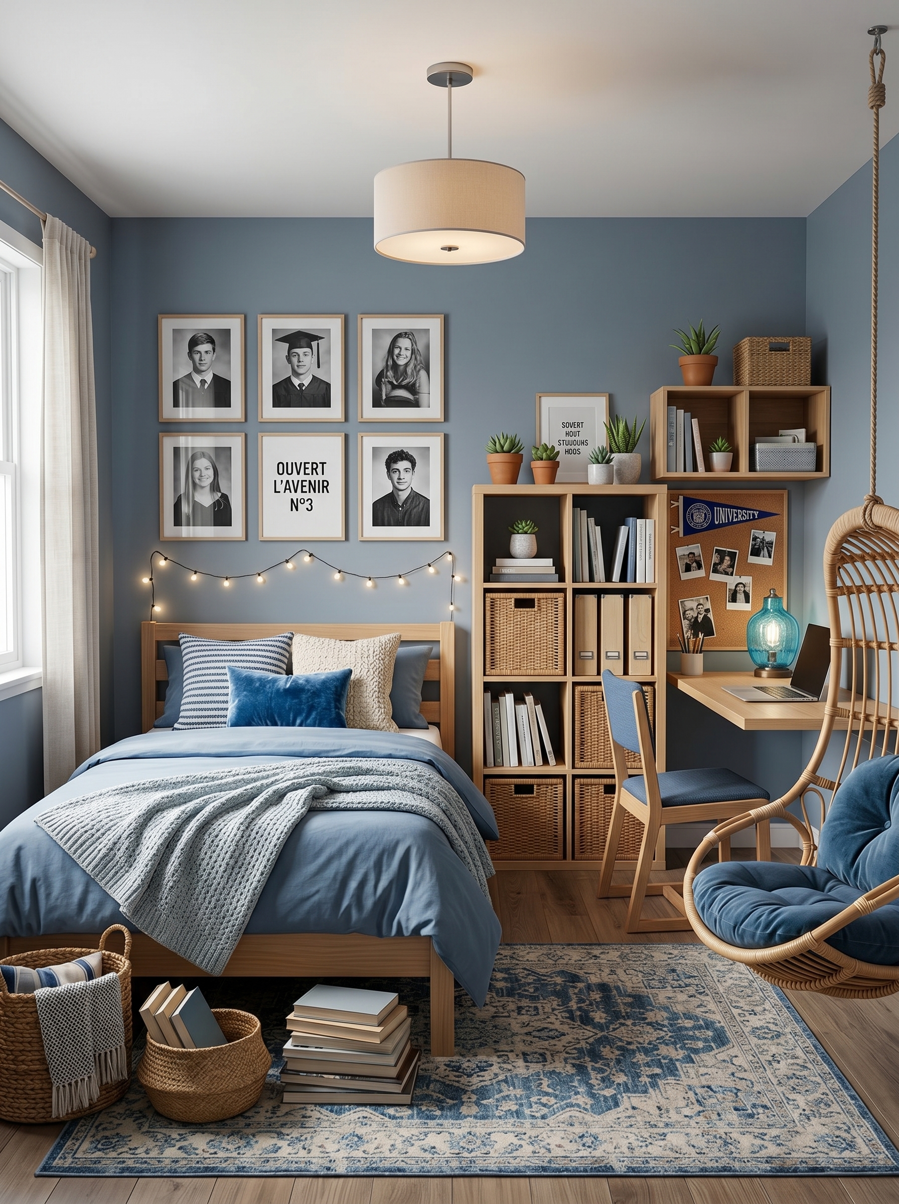 Bold blue dorm room with faux fur blanket, navy curtains, blue wall art, study desk, shelves, plants, and string lights