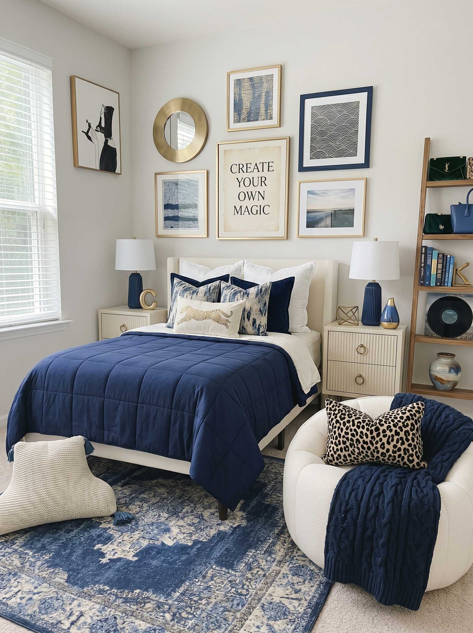 Blue dorm room with cube storage shelves, woven baskets, blue bedding, photo gallery, study desk, string lights, and plants