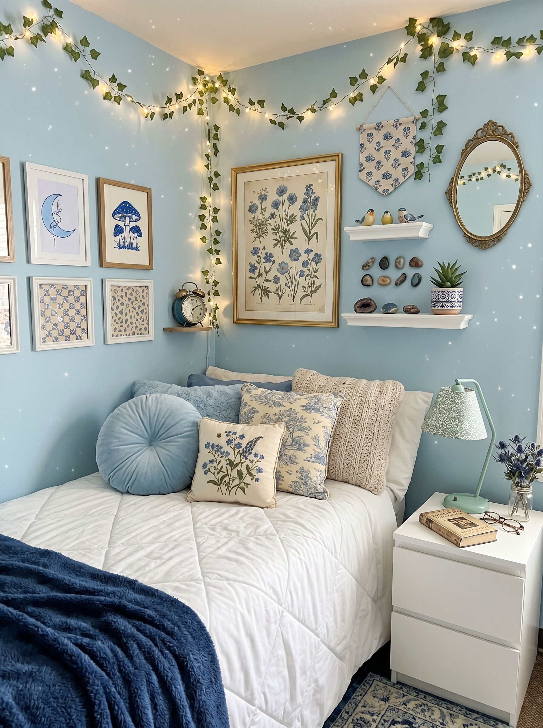 Chic navy blue dorm room with gold details, navy bedding, white headboard, gallery wall, blue rug, lamps, and bookshelves