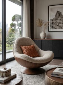 Cream boucle armchair with rounded backrest, wooden legs, side table, neutral rug, soft curtains, and indoor plant