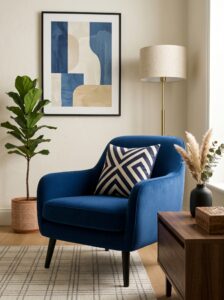Curved cream armchair with wooden shell, woven leather pillow, large windows, textured rug, wood flooring, and modern decor