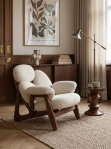 Channel tufted cream armchair with wooden frame arms, dark curtains, wall molding, patterned rug, and elegant lounge styling