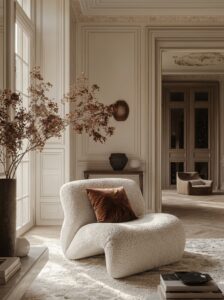 Cream wood armchair with curved wooden arms, soft upholstery, tapered legs, and vertical wood slat wall background