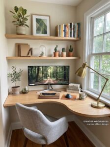Small home office ideas with compact desk, floating shelves, plants, soft lighting, and stylish workspace decor