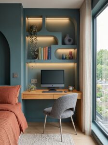 Pink small home office with glass desk, velvet chair, rose gold details, sunburst mirrors, floating shelves, and plants