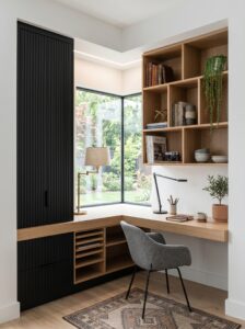 Teal built-in small home office with wooden desk, wall shelves, upholstered chair, LED lighting, books, plants, and window