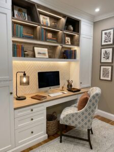 Floating wooden desk small home office with vertical slat wall, gray chair, open shelves, brass lamp, plants, and window light