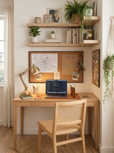 Built-in cabinet small home office with white storage, wood shelves, LED lighting, framed art, accent chair, and desk setup
