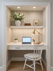 Boho small home office with light wood desk, cane chair, cork board, floating shelves, plants, brass lamp, and woven textures