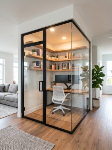 Built-in nook small home office with white desk, drawer storage, striped wallpaper, spindle chair, brass lamp, and floating shelf