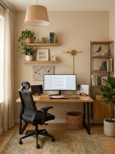 Glass wall small home office with black metal framing, wooden shelves, compact desk, white chair, plants, and recessed lighting