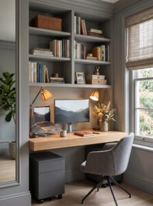 Warm small home office with ergonomic chair, wooden desk, monitor, floating shelves, books, plants, woven baskets, and soft curtains