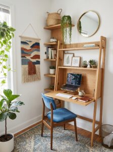 Floating desk small home office with built-in bookshelves, gray walls, upholstered chair, task lamps, books, and framed photos