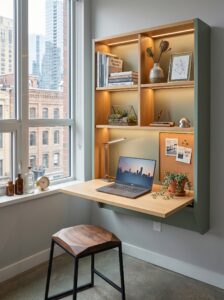 Ladder desk small home office with blue chair, built-in shelves, laptop stand, plants, mirror, botanical prints, and woven basket