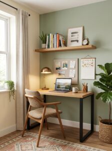 Wall-mounted desk small home office near city window with built-in shelves, LED lighting, cork board, plants, books, and stool