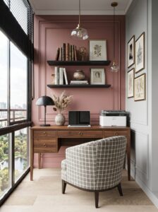 Sage green small home office with wood desk, floating shelf, laptop, brass lamp, plants, wall calendar, and woven basket