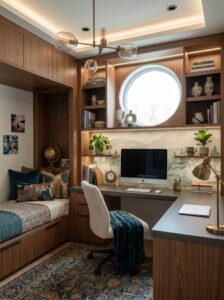 Classic small home office with rose accent wall, wooden desk, wall molding, floating shelves, framed art, plaid chair, and black lamp