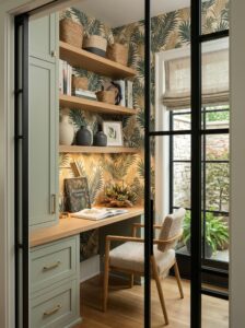 Luxury built-in small home office with daybed, rich wood cabinetry, L-shaped desk, LED lighting, round window, and brass lamp