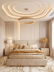 Modern luxury bedroom ideas with upholstered bed, statement headboard, warm lighting, textured walls, and elegant bedroom decor