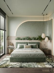 Beige and gold modern luxury bedroom with layered ceiling, LED lighting, round chandelier, upholstered bed, wall panels, and soft curtains